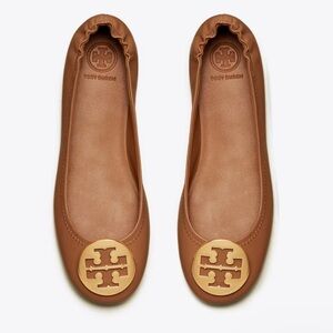 Tory Burch Minnie Travel Ballet Flats - Royal Tan/Gold - Size 8